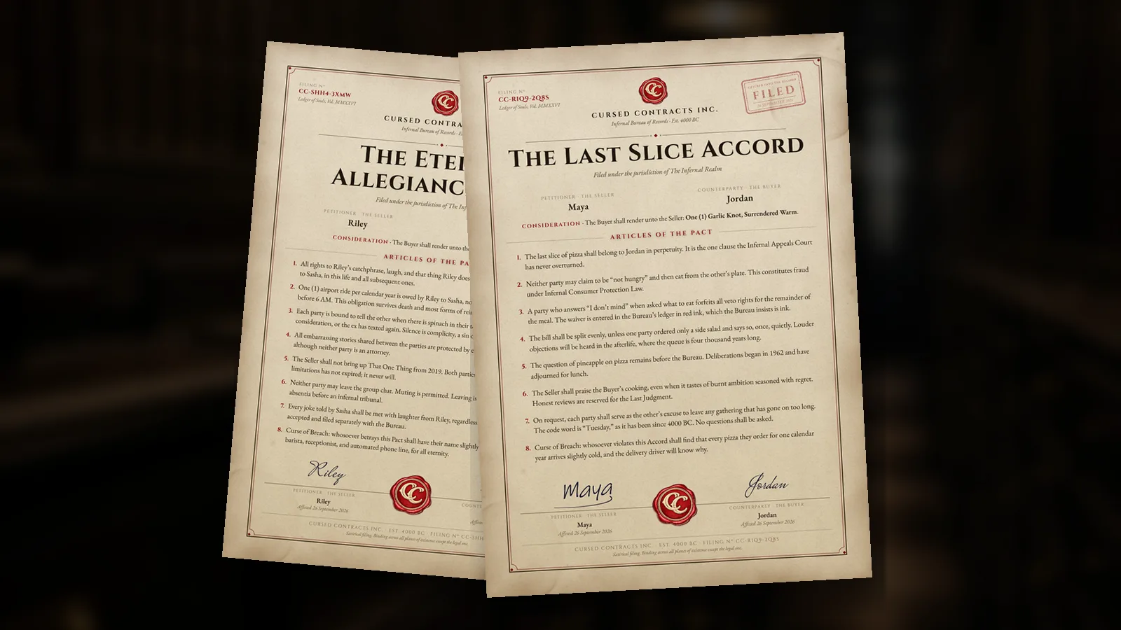 Two signed and sealed friendship pacts, the Last Slice Accord and the Eternal Allegiance Pact, on a dark archive desk