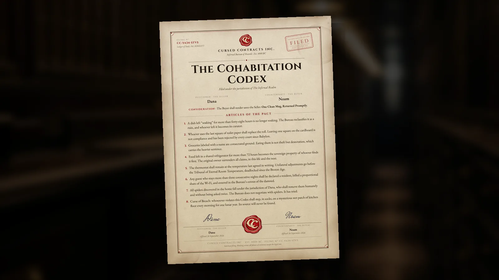 A signed and sealed Cohabitation Codex on a dark archive desk