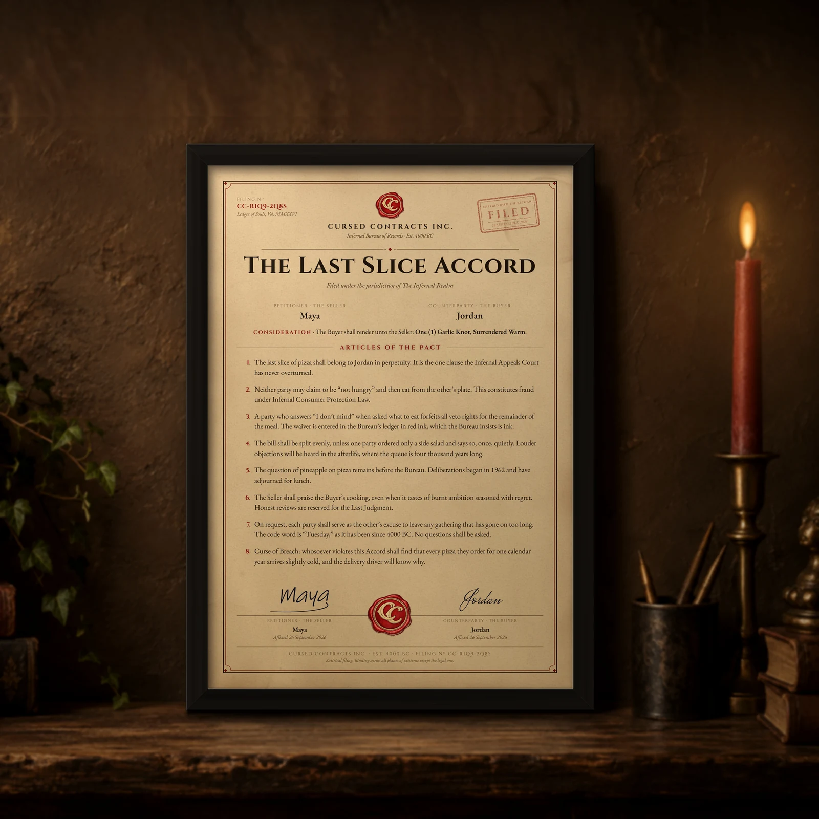A signed Last Slice Accord in a black frame on a candlelit shelf