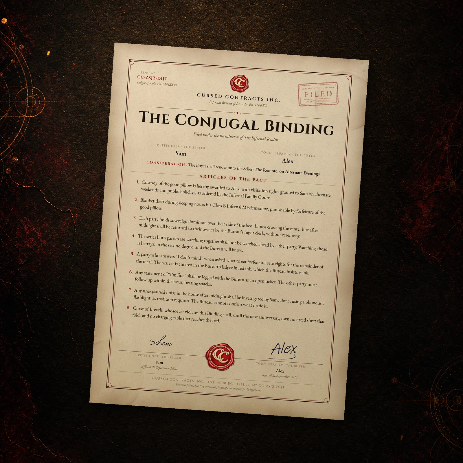 A signed Conjugal Binding between Sam and Alex, sealed in red wax, lying on a dark vellum desk