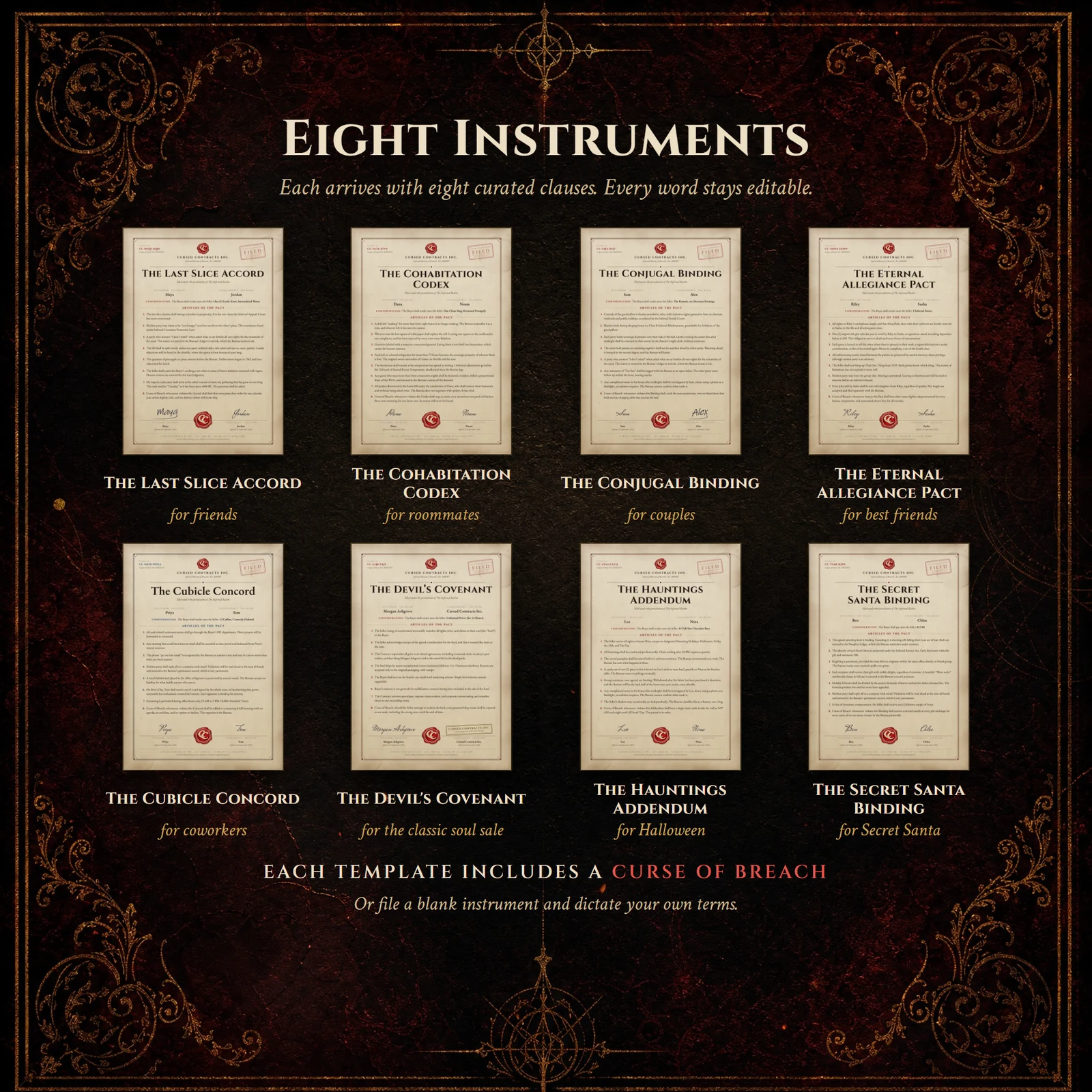 The Bureau's eight standard instruments laid out on dark vellum, from the Last Slice Accord to the Secret Santa Binding